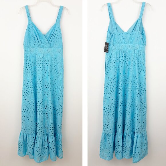 NWT Boston Proper Eyelet Surplice Ankle Length Dress Size 8 Blue Topaz Cotton - Picture 2 of 10